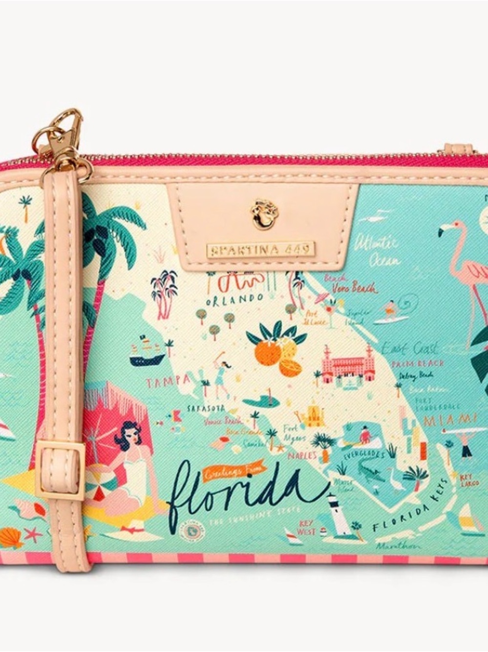 Spartina 449 Aqua Multi Florida Map Wristlet with Pink Trim - Picture 1 of 4